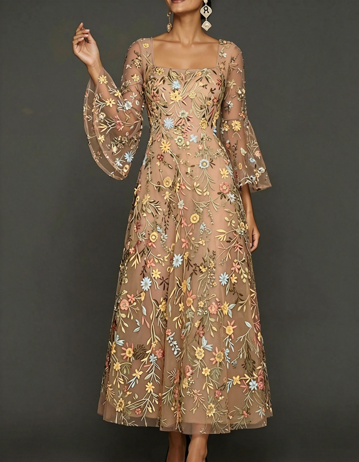 Chiffon maxi dress with lace embroidery, square neckline, and tailored waist