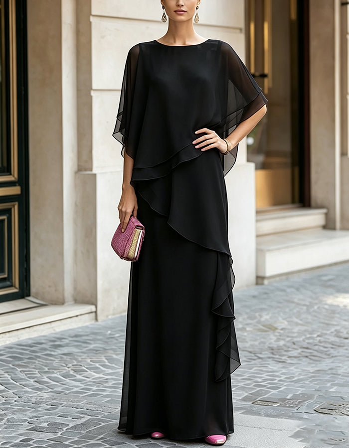 Fuchsia maxi dress made of flowing chiffon with a round neckline, side ruffles, and A-line