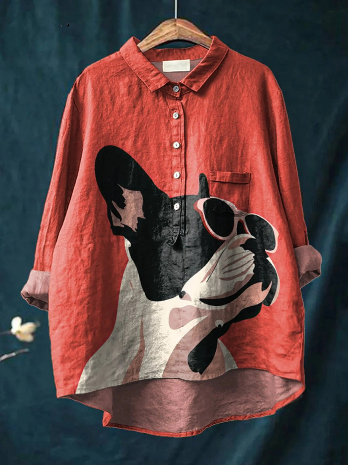 Evie | Decorative Pattern of French Bulldog Wearing Sunglasses On Red Background Casual Shirt