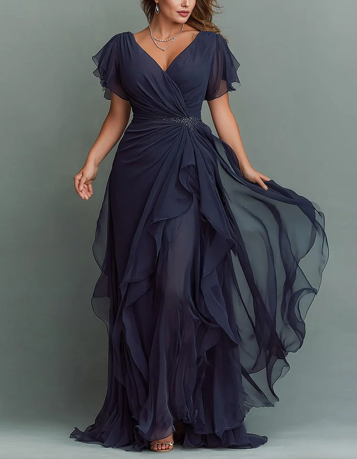 Maxi dress made of chiffon with V-neck, solid color and ruffles