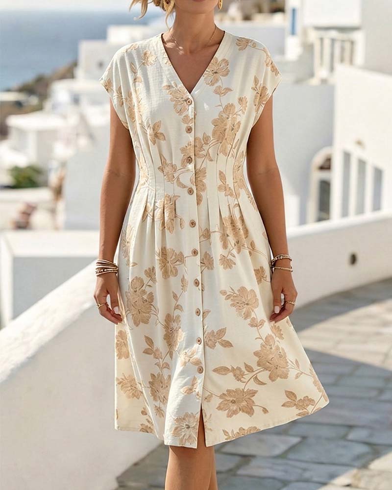 V-Neck Printed Dress Fitted Waist Button Front