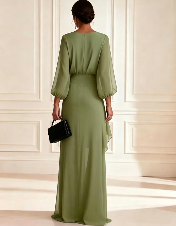 Maxi dress in sage green chiffon with V-neck and puff sleeves