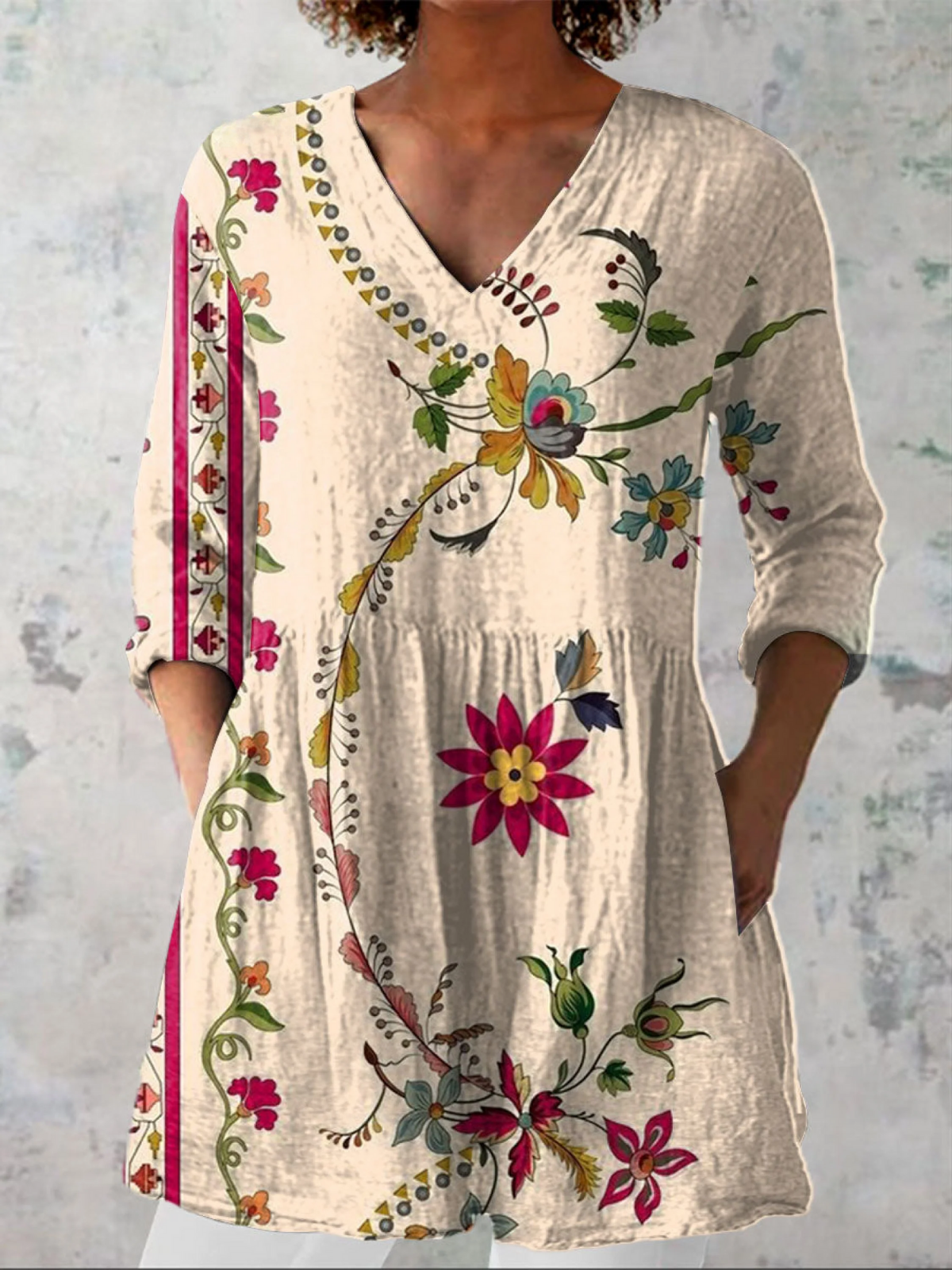 Naya | Soft Print V-Neck Longline Blouse
