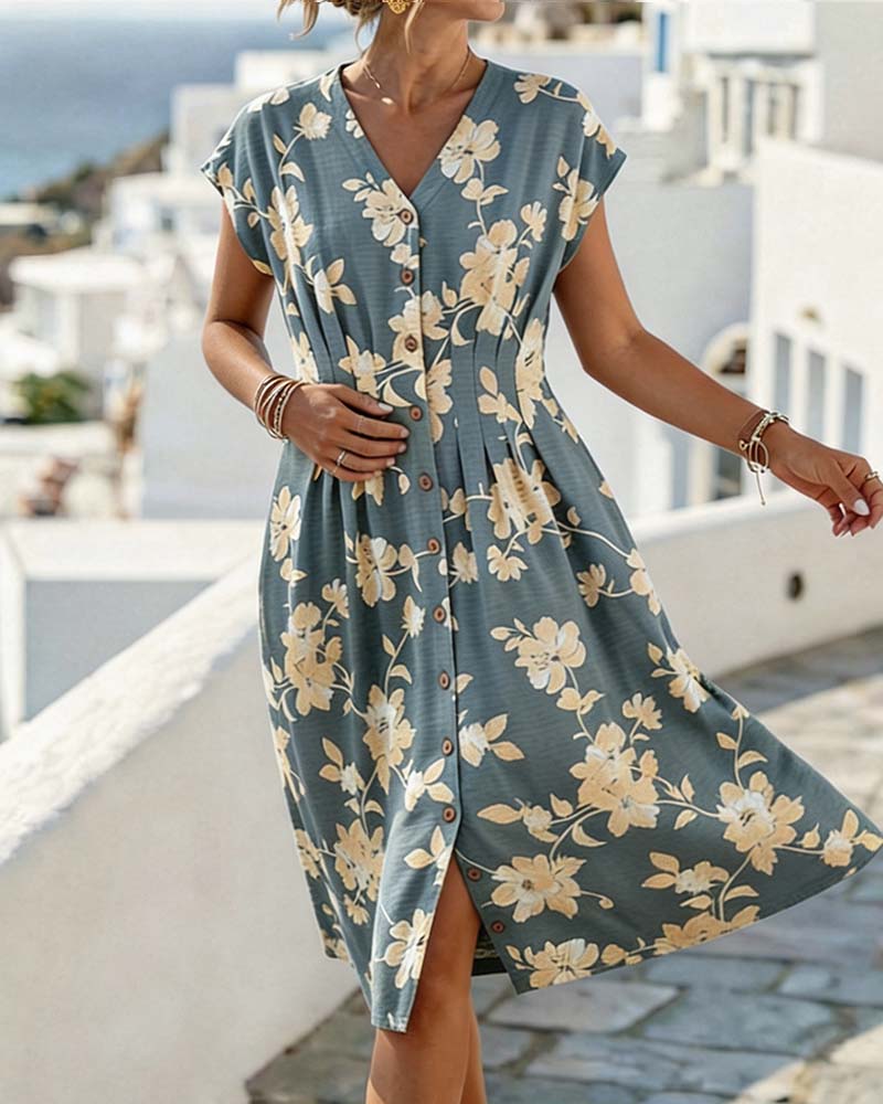 V-Neck Printed Dress Fitted Waist Button Front