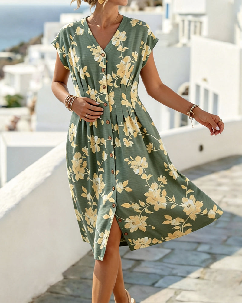 V-Neck Printed Dress Fitted Waist Button Front