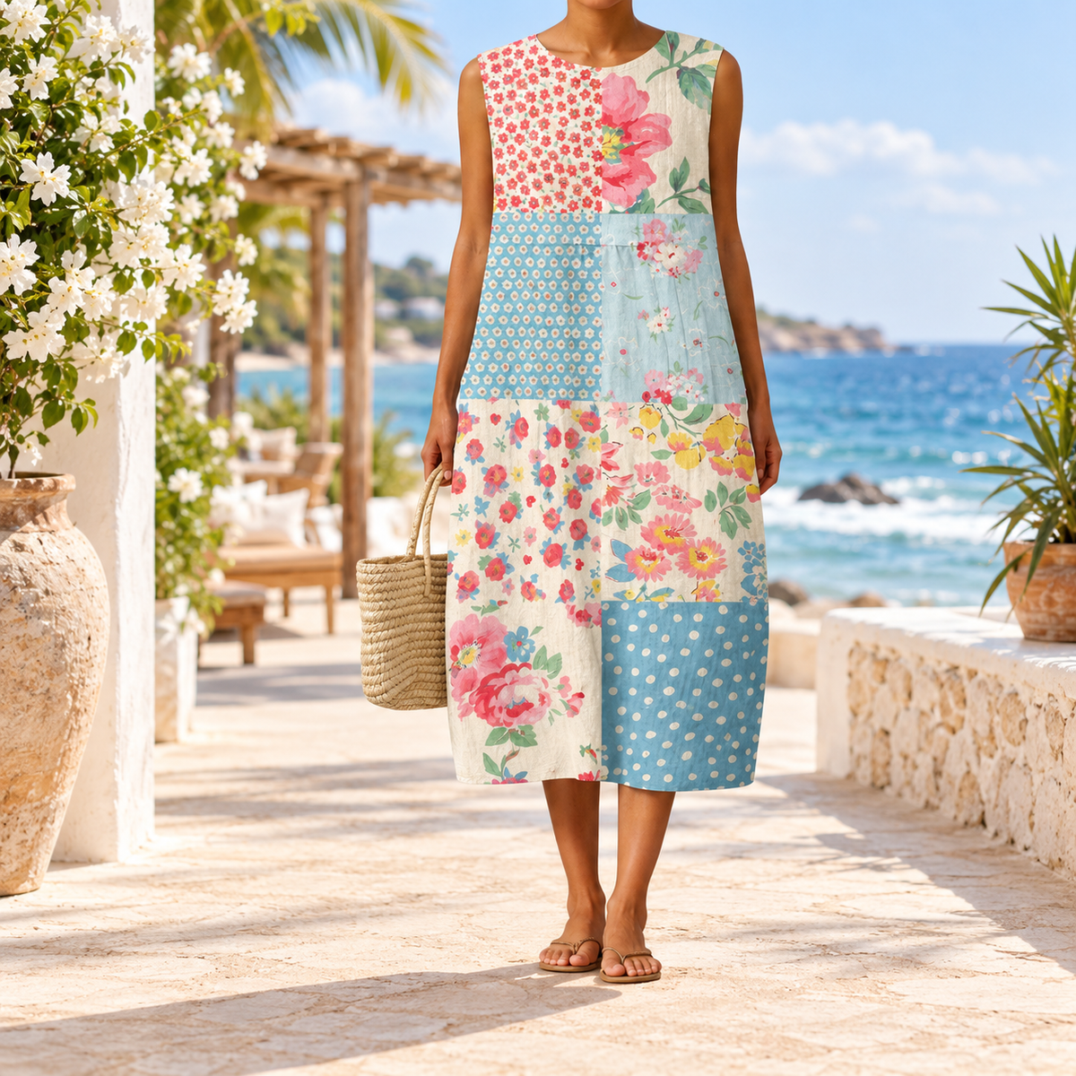 Amelia - Floral Patchwork Sleeveless Midi Dress