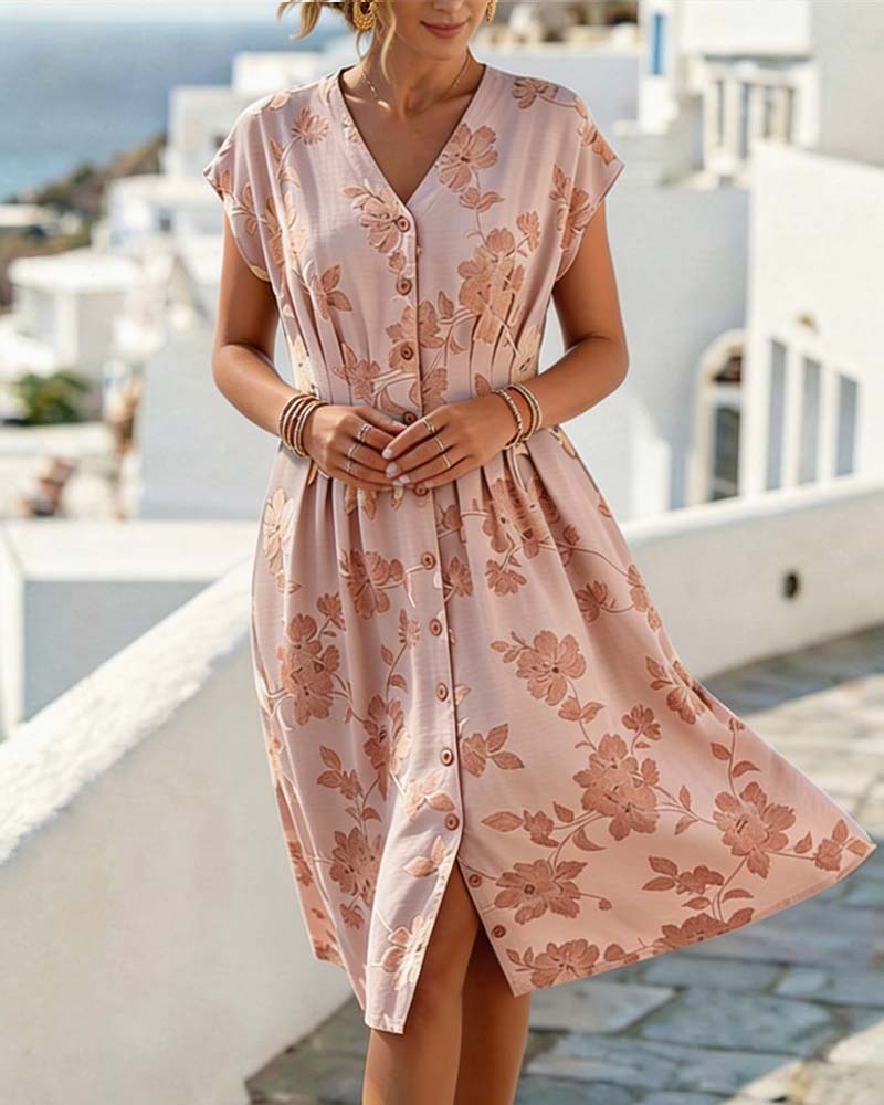 V-Neck Printed Dress Fitted Waist Button Front