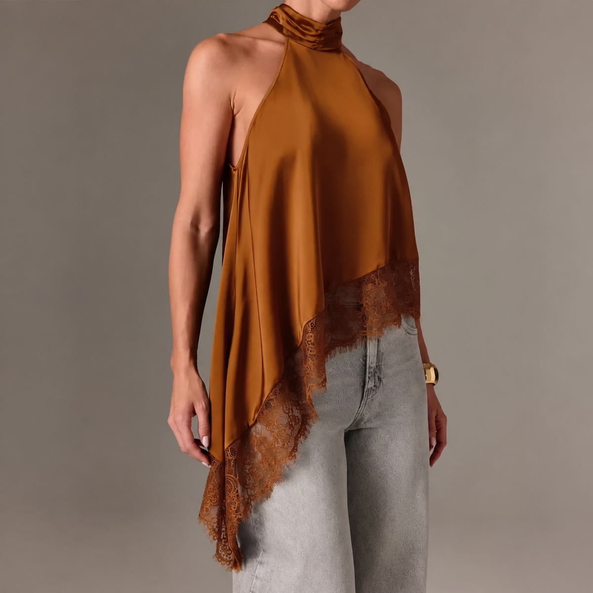 Satin Halter Asymmetrical Lace Hem Cami Top