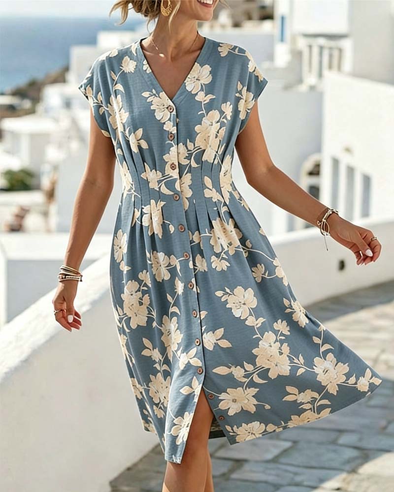 V-Neck Printed Dress Fitted Waist Button Front