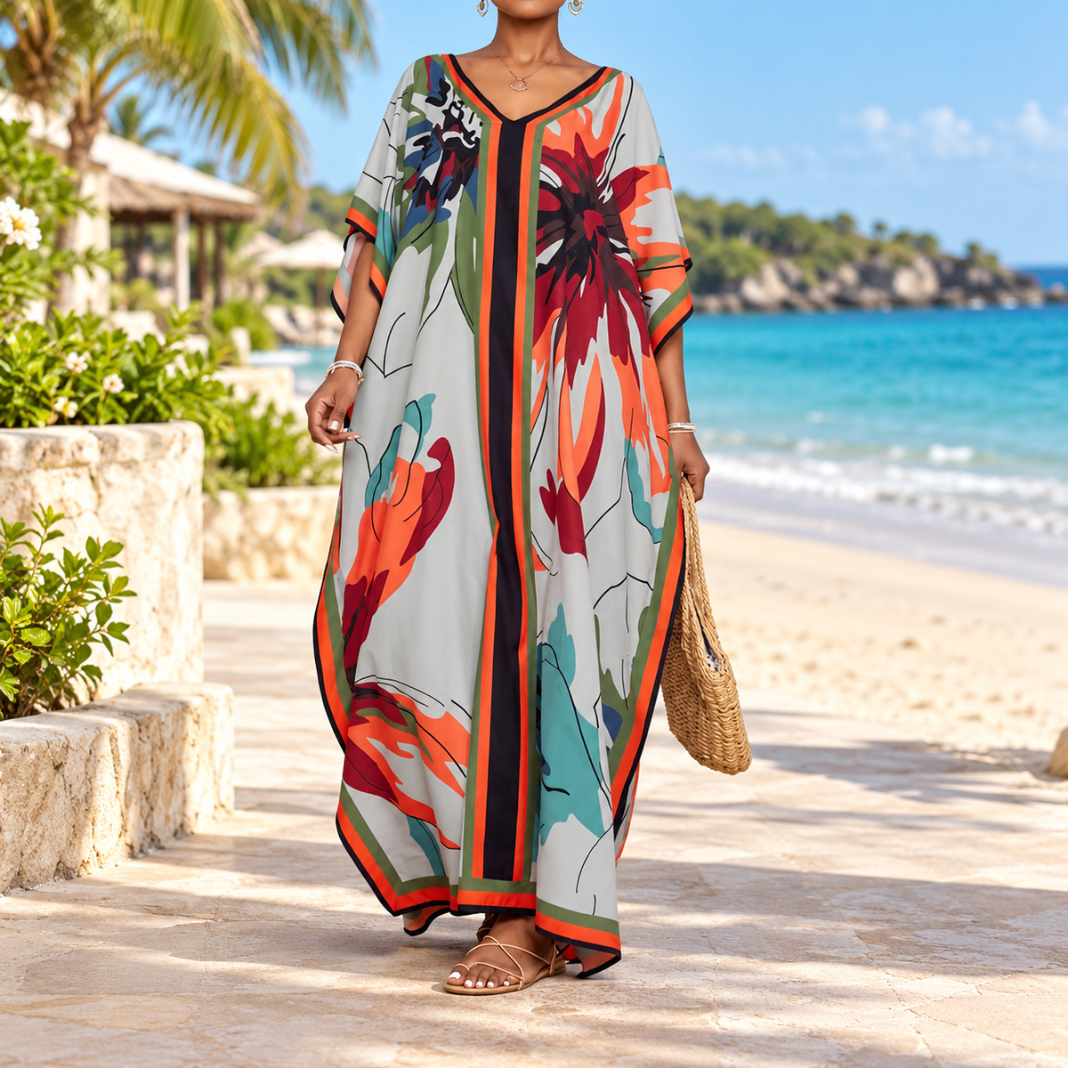 Loose-fit printed beach cover-up maxi dress