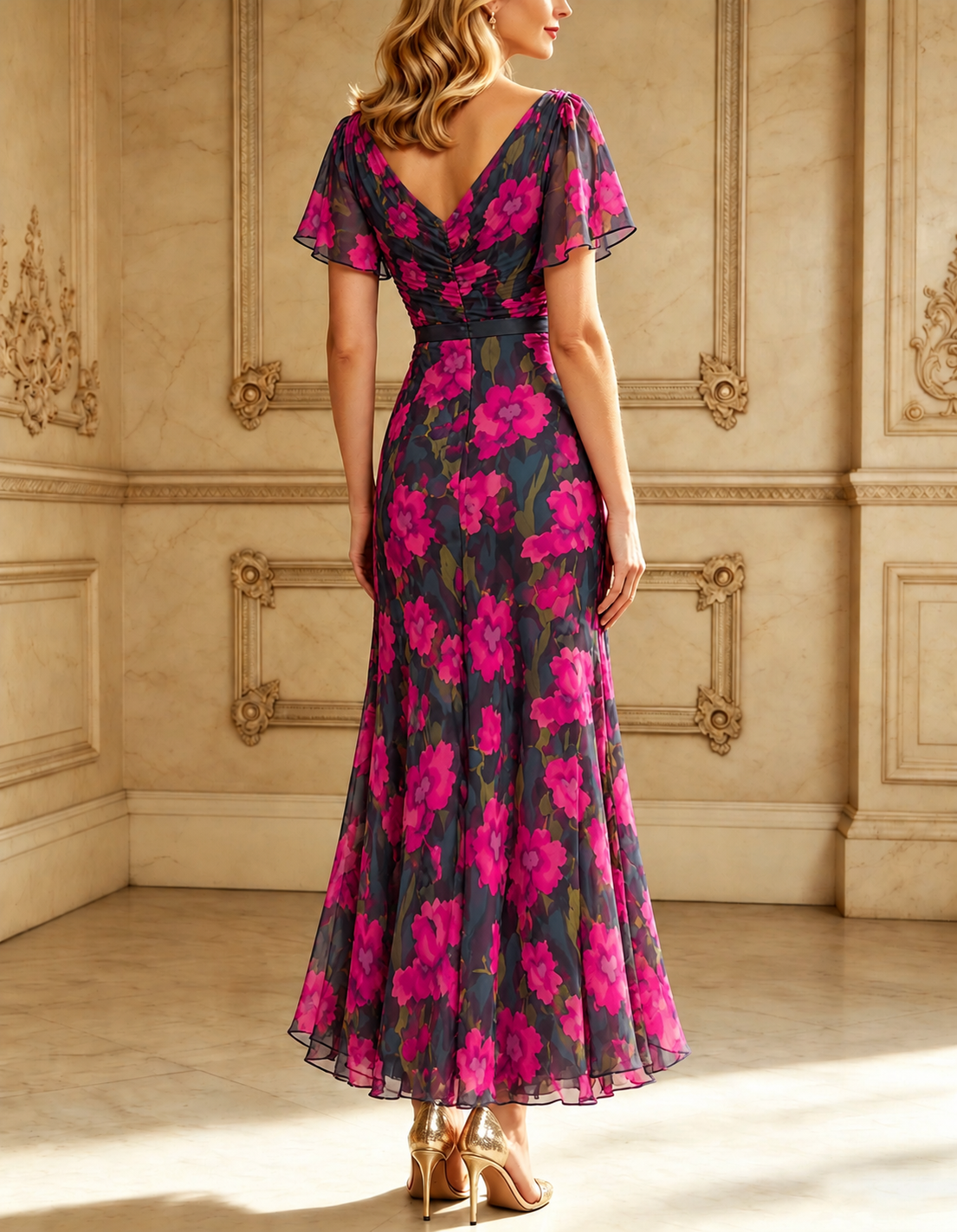 Retro V-neck trumpet sleeve printed dress