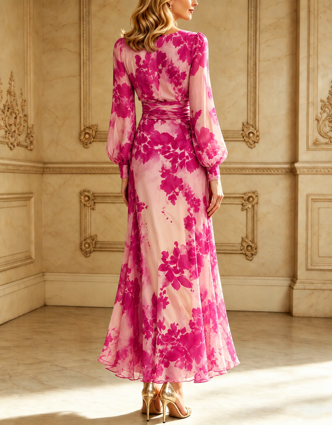 Rose Red Floral V-neck Belted Maxi Dress