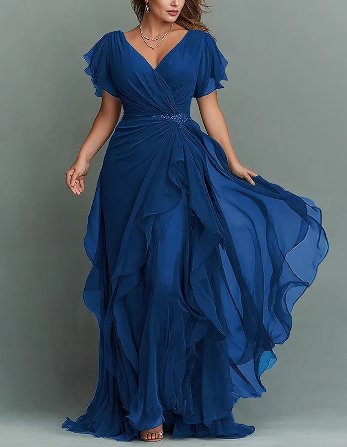 Maxi dress made of chiffon with V-neck, solid color and ruffles
