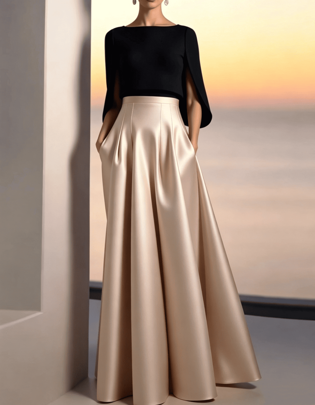 Black and Gold Satin Maxi Dress with Boat Neckline