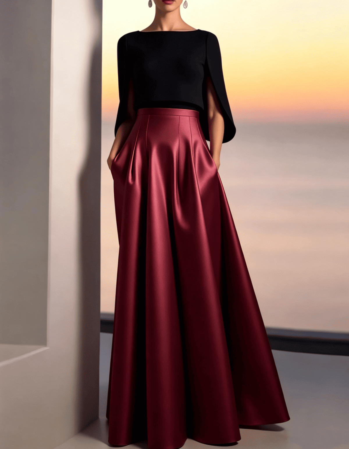 Black and Gold Satin Maxi Dress with Boat Neckline
