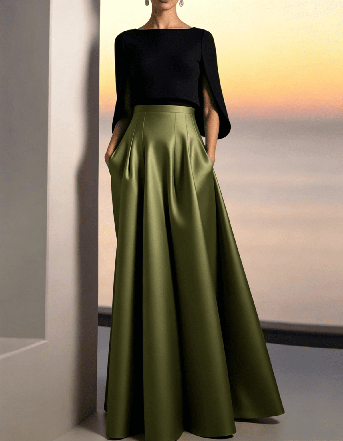 Black and Gold Satin Maxi Dress with Boat Neckline