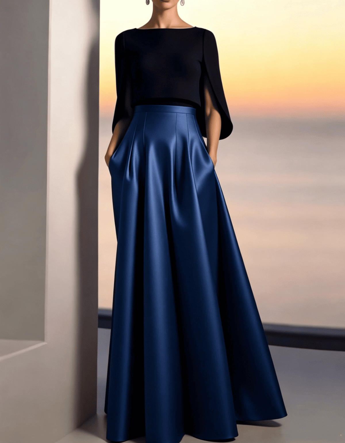 Black and Gold Satin Maxi Dress with Boat Neckline