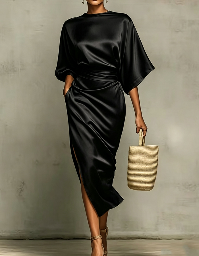 Multicolored satin midi dress with draping