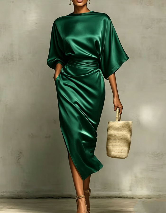 Multicolored satin midi dress with draping