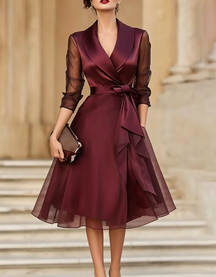 Bordeaux Satin Tulle Midi Dress
