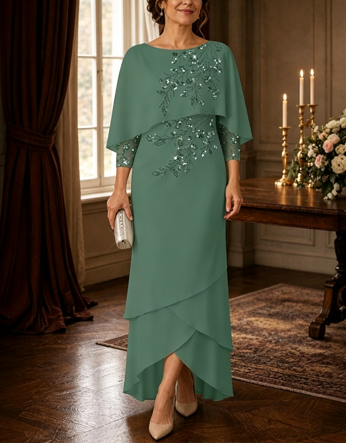 Maxi dress made of layered chiffon with sequins, cape sleeves, and an asymmetrical hemline