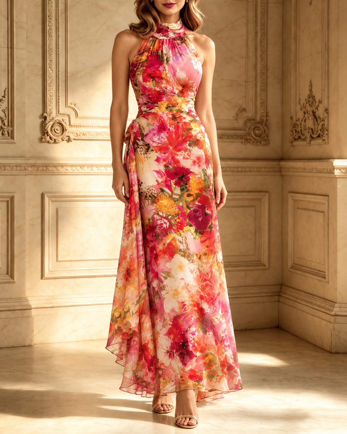 Elisabetta | Halter Neck Floral Print Maxi Dress