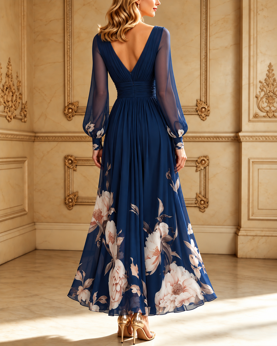 Ziva | Pleated Sheer Sleeves Maxi Dress