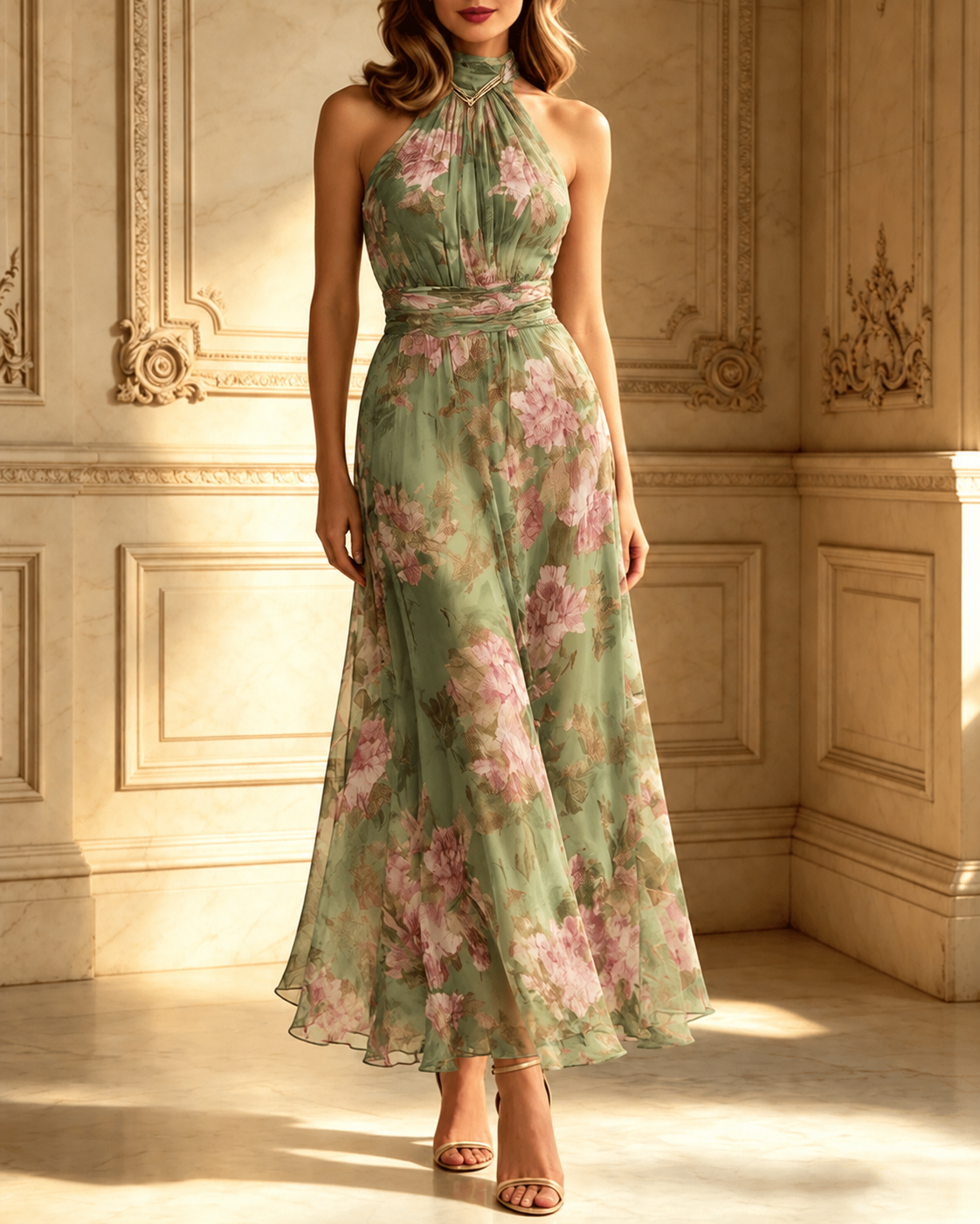 Saskia | Green Floral Halter Maxi Dress