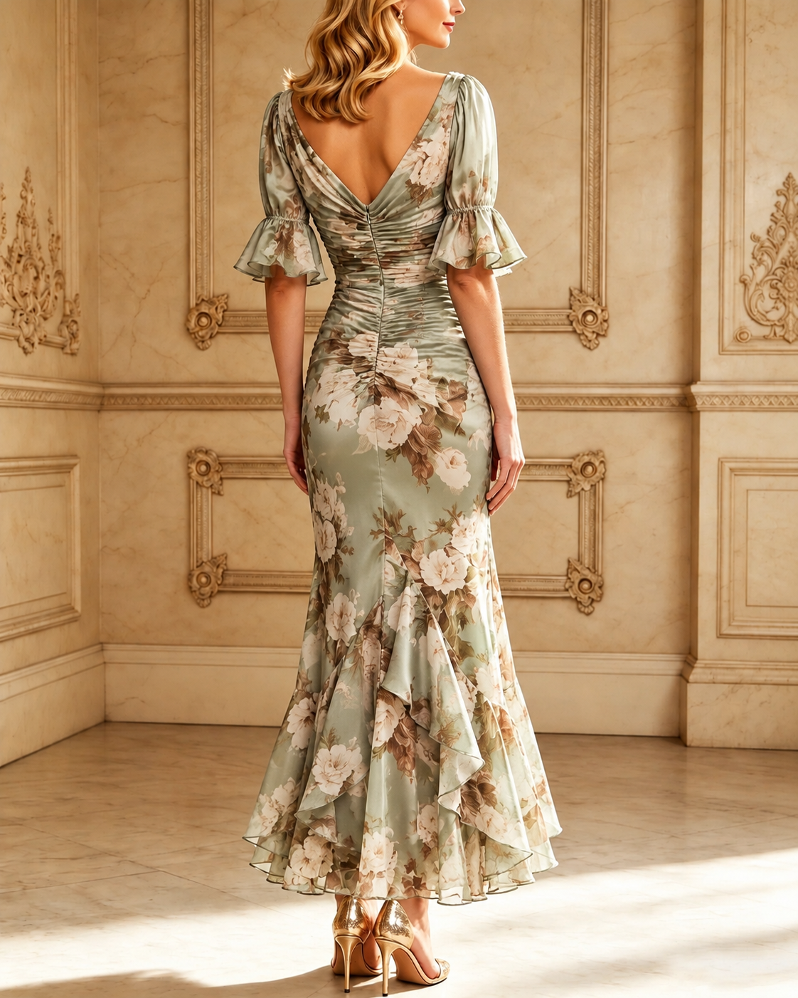 Palm | Short Sleeve V Neck Ruched Waist Midi Dress