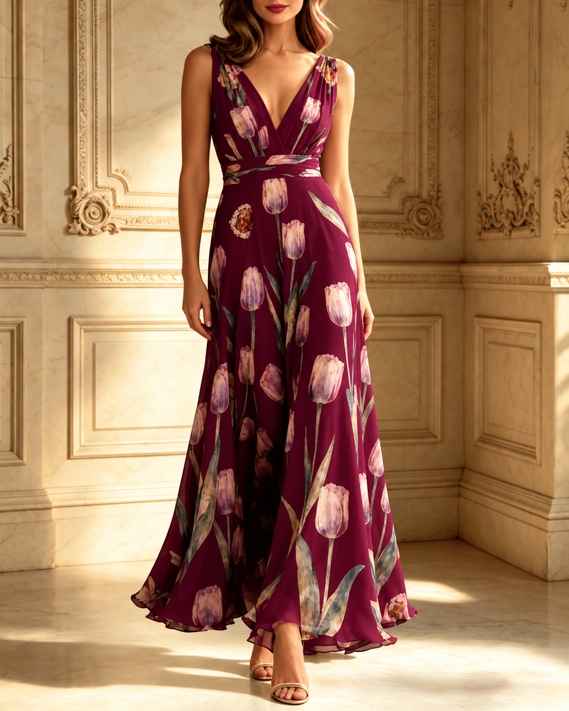 Julia | Floral V-Neck Chiffon Maxi Dress