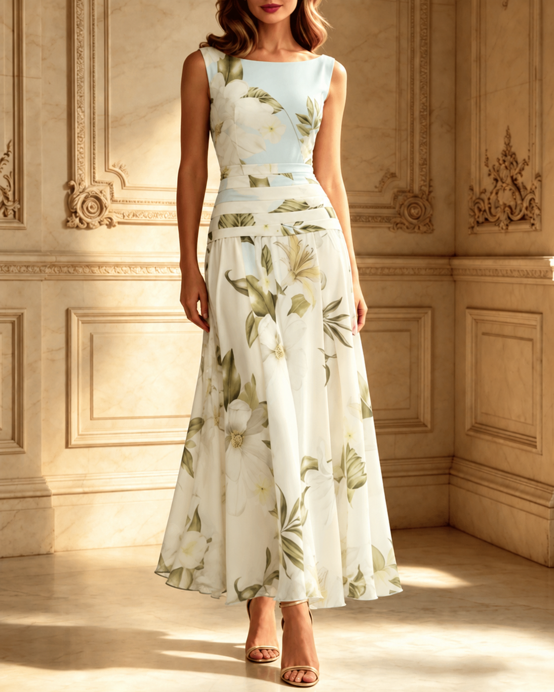 Blue And White Floral Ruffled Boat Neck Sleeveless Maxi Dress