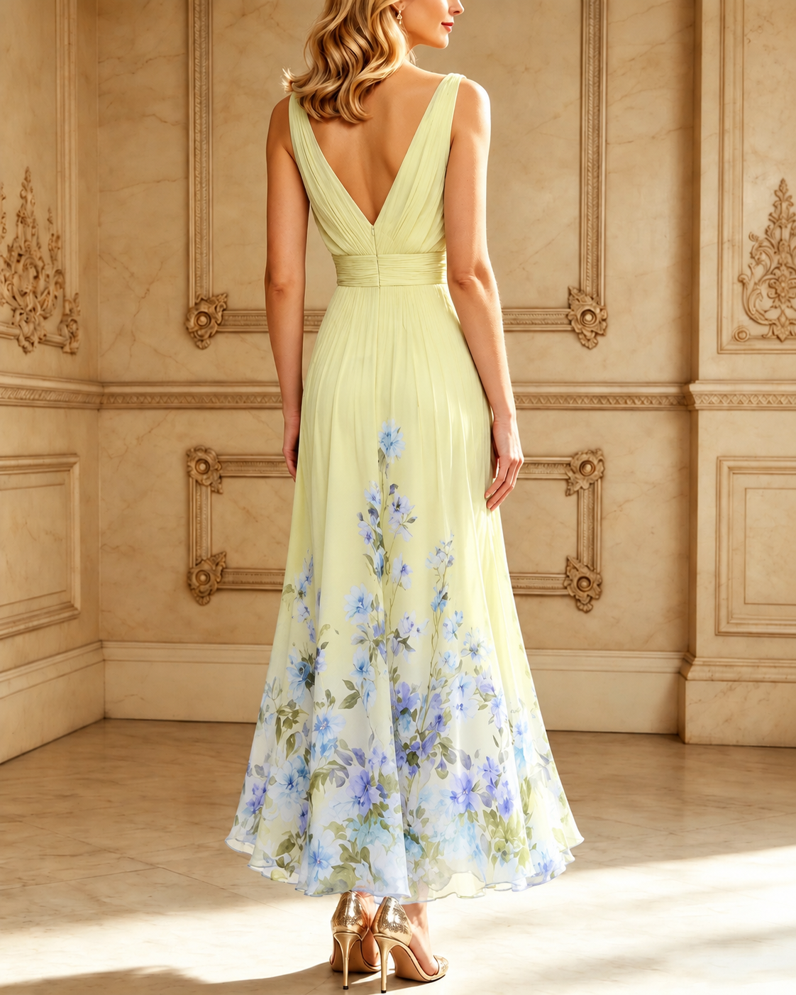 Light Blue Floral Chiffon V Neck Sleeveless A-Line Maxi Dress
