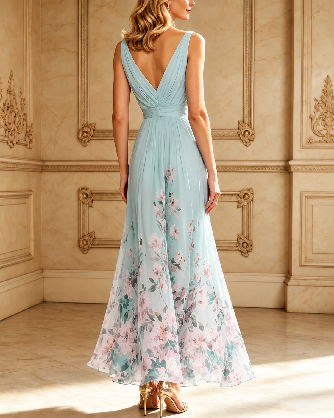 Light Blue Floral Chiffon V Neck Sleeveless A-Line Maxi Dress