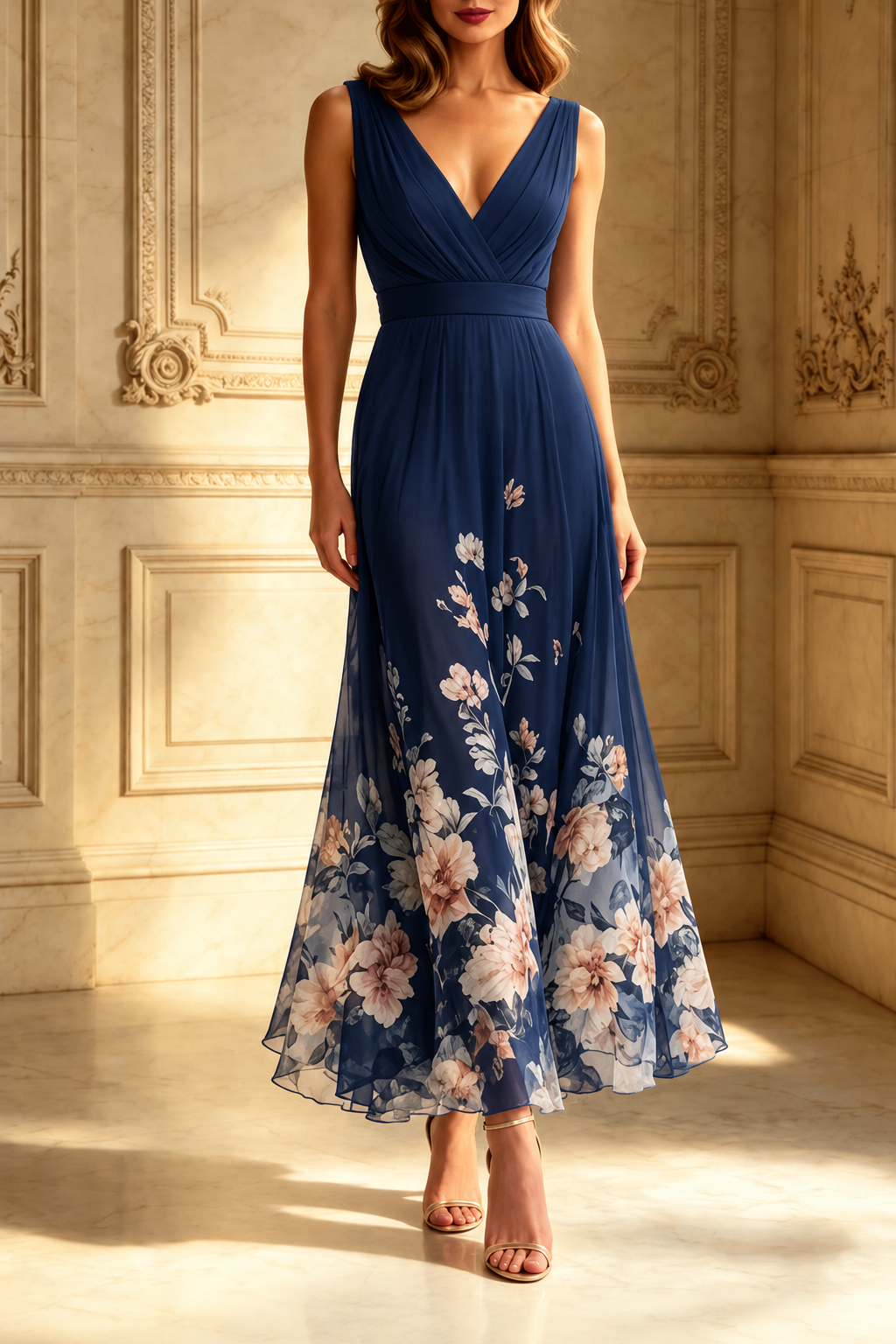 Light Blue Floral Chiffon V Neck Sleeveless A-Line Maxi Dress