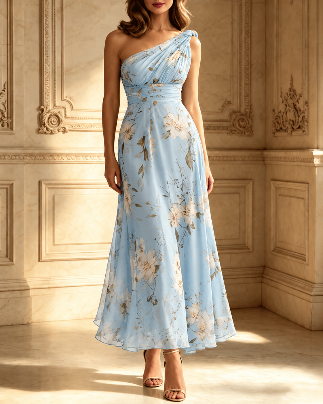 Light Blue Floral Pleated Chiffon One-shoulder Maxi Dress