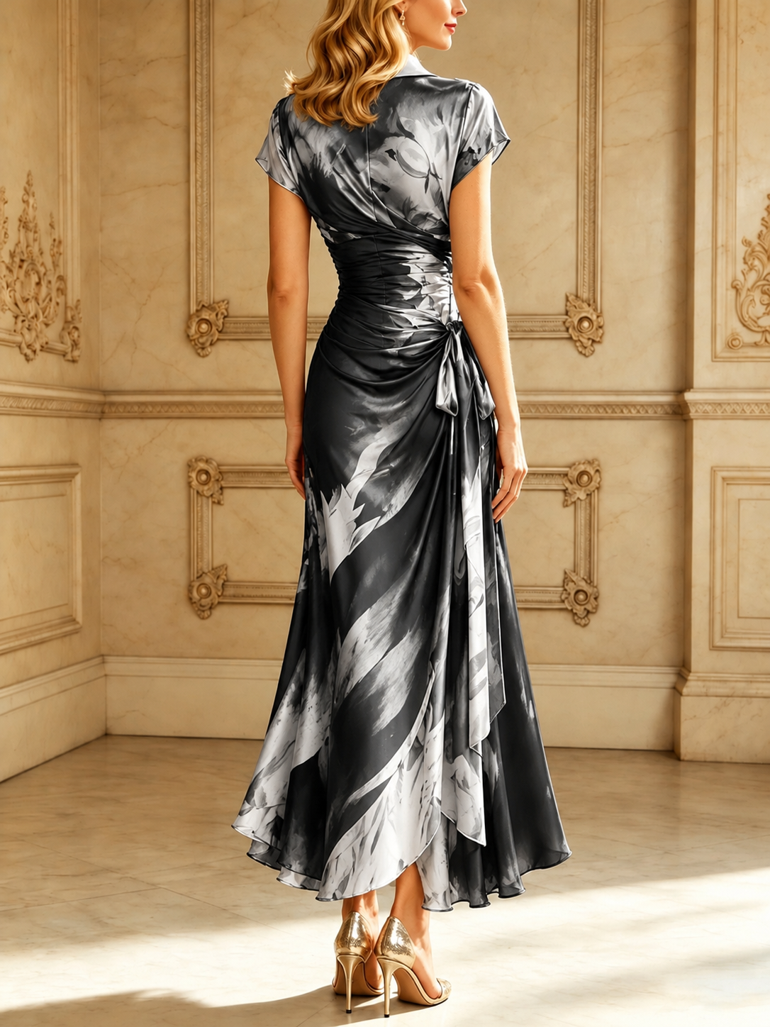 Red Black Abstract Print Wrap Midi Dress Collared V Neck Short Sleeve Tie Waist Ruffled High‑Low Hem Dress