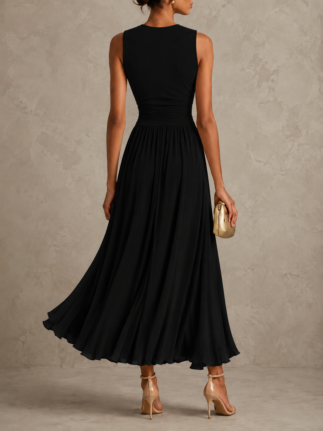 Women's A Line Maxi Dress, Sleeveless Ruched Bodice