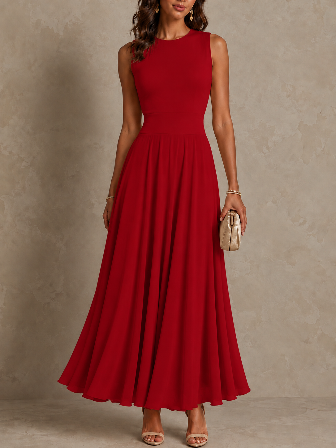 Women's A Line Maxi Dress, Sleeveless Ruched Bodice