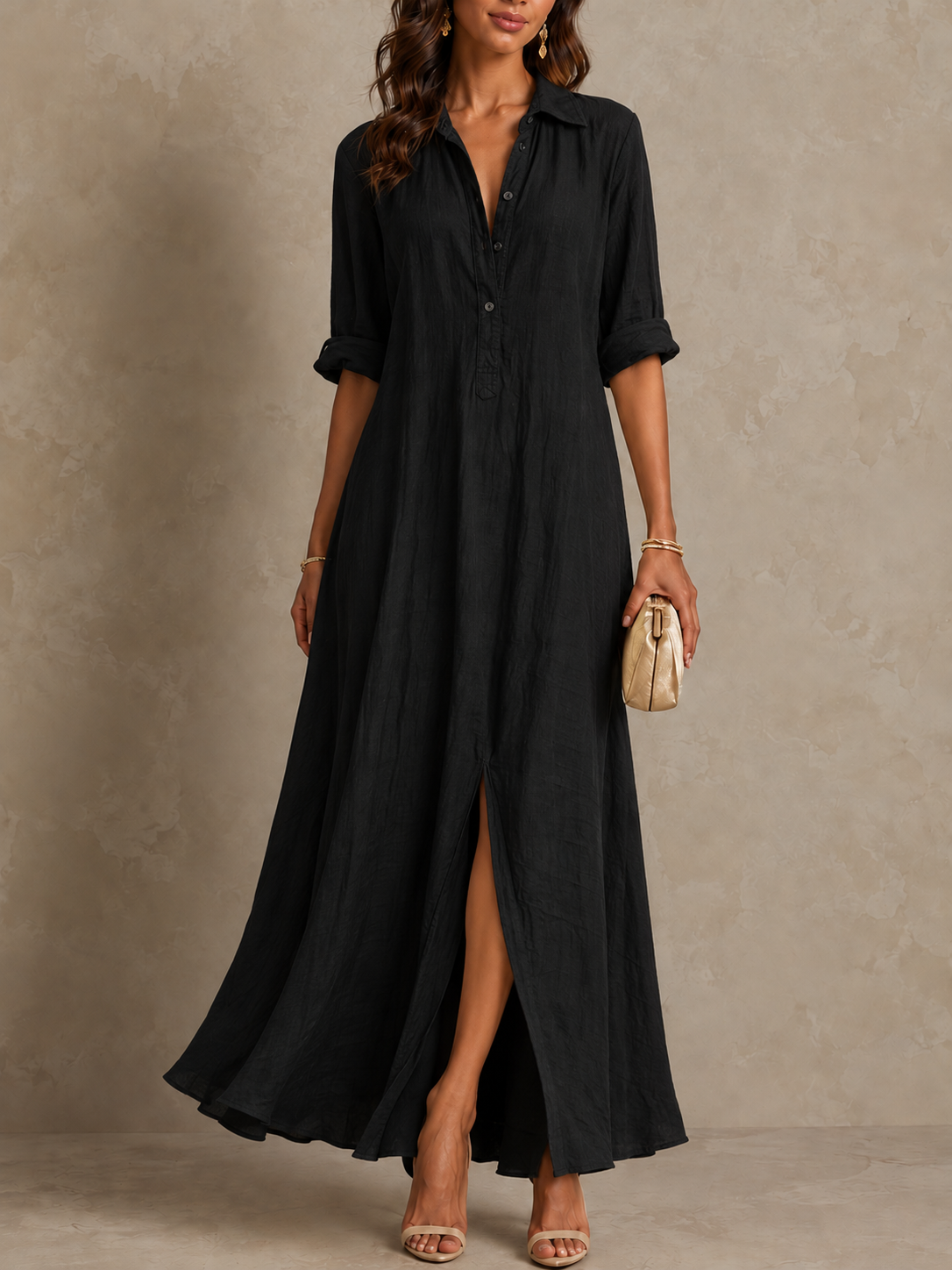 Céline™ | Black Maxi Button-Up Dress