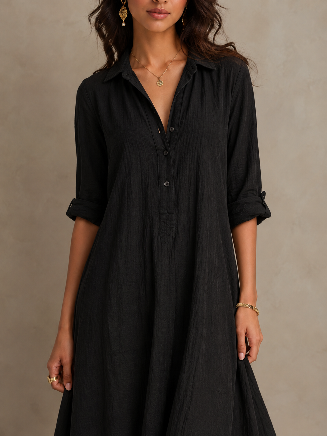 Céline™ | Black Maxi Button-Up Dress