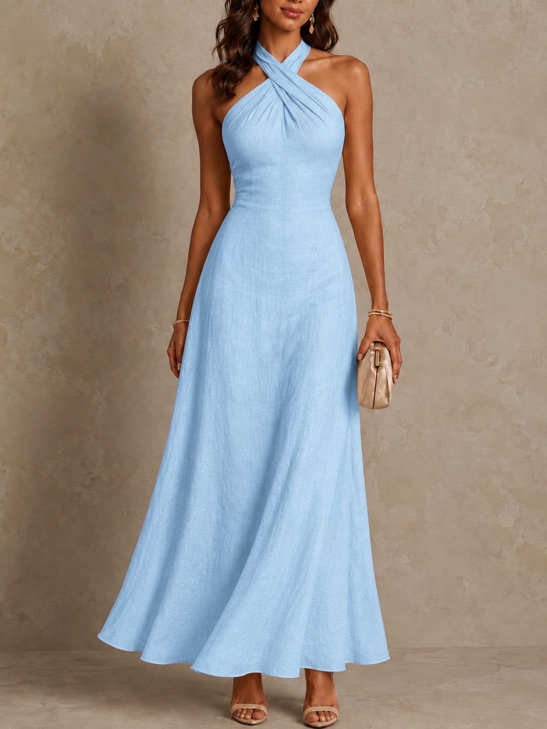 Avelina – Long voluminous dress in cotton and linen, American collar | Maxi Dress