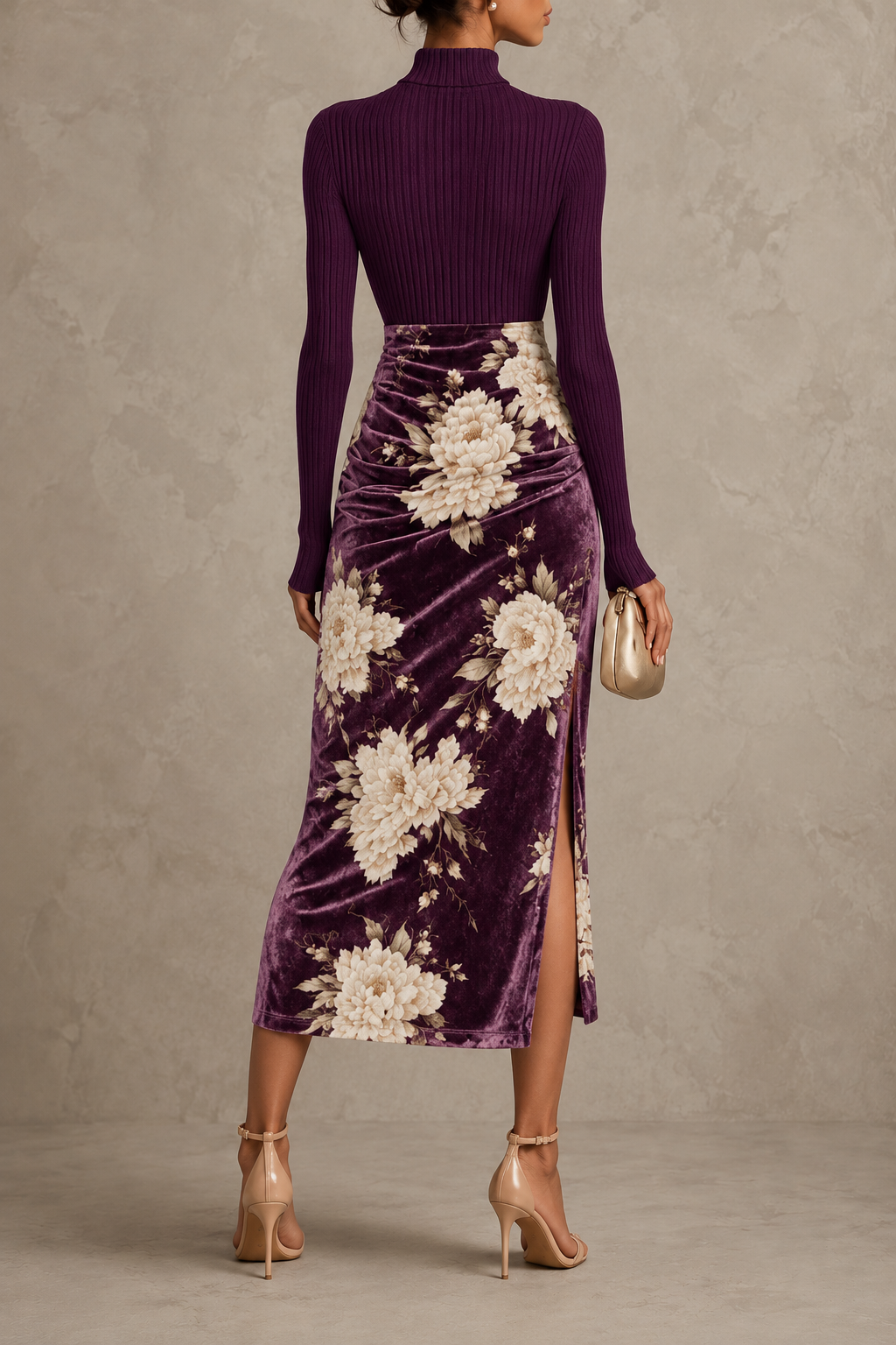 Vintage Keyhole Neckline Ribbed Top & Velvet Floral Print Ruched Maxi Skirt Set