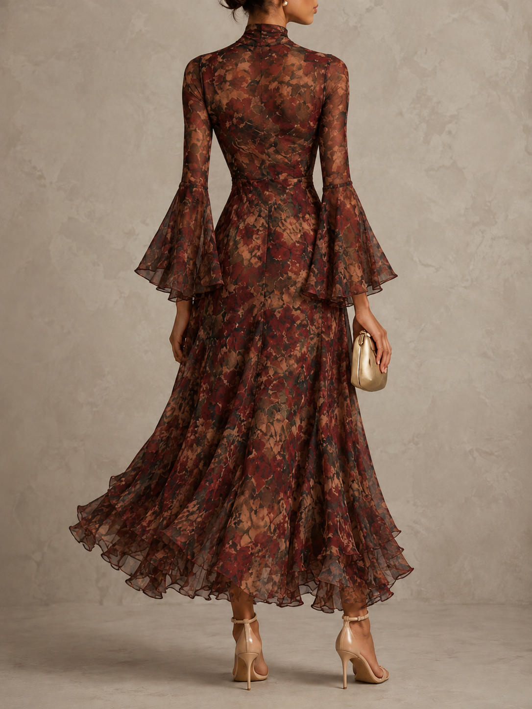 Boho Floral Print Mock Neck Bell Sleeve Ruffle Hem Maxi Dress