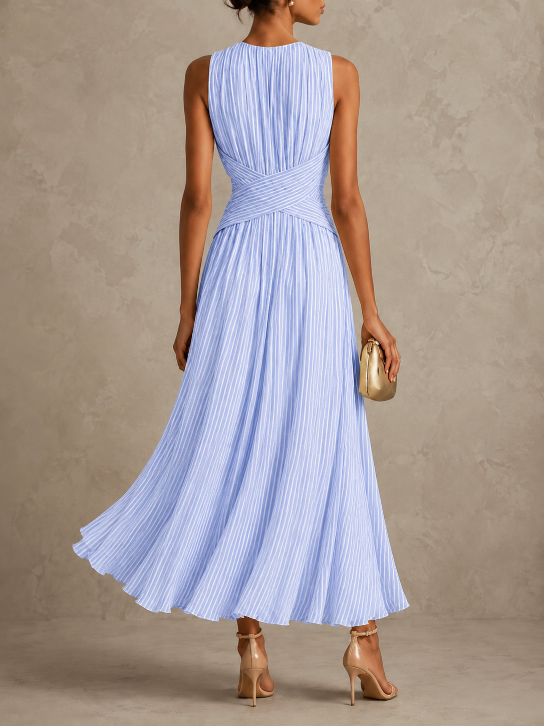 Marellé – Striped Wrap Waist Maxi Dress Sleeveless