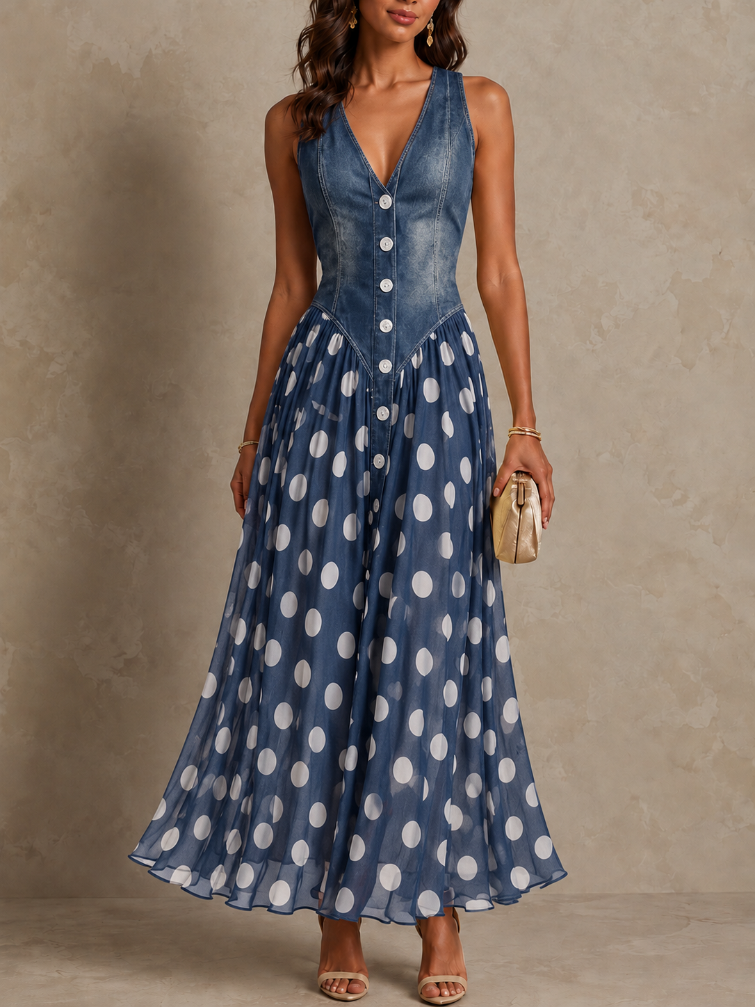 Elena | Elegant Denim Polka Dot Dress | Maxi Dress