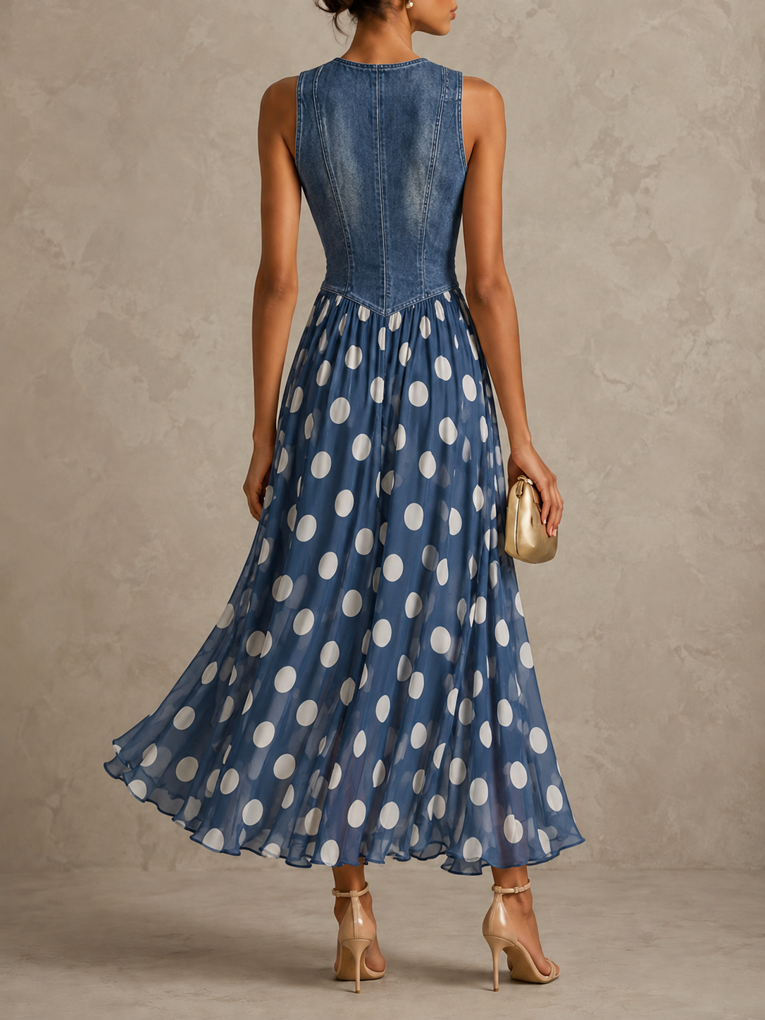 Elena | Elegant Denim Polka Dot Dress | Maxi Dress