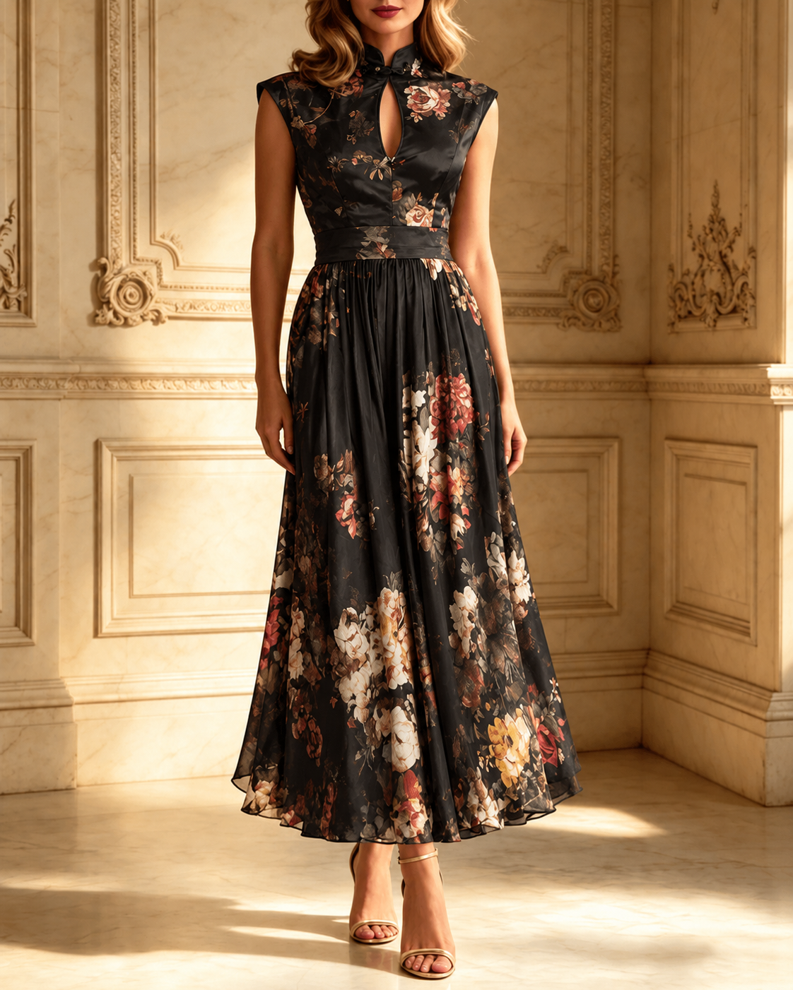 Rosalie | Floral Pleated Satin Midi Dress