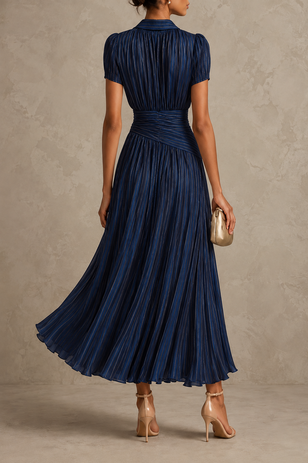 Retro Striped Satin Pleated Bodycon Maxi Dress