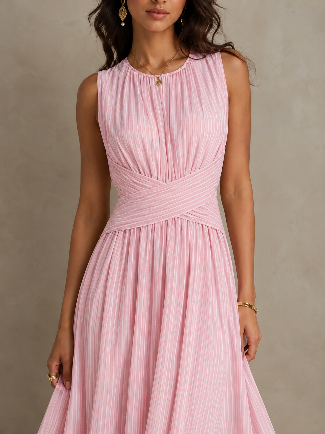 Marellé – Striped Wrap Waist Maxi Dress Sleeveless