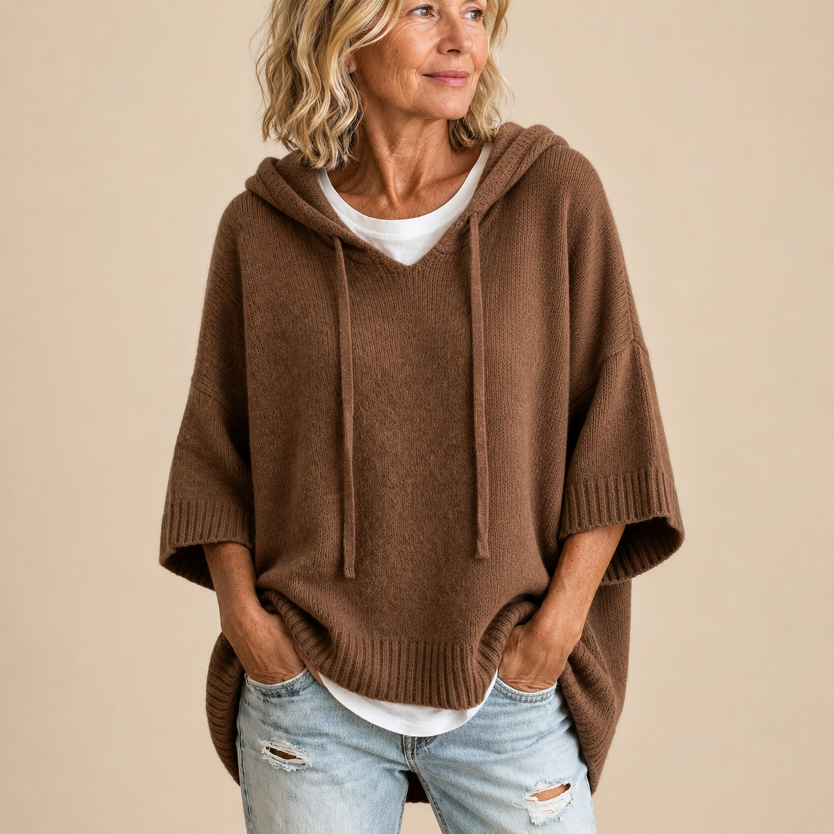 Oriana knitted poncho with hood, front view